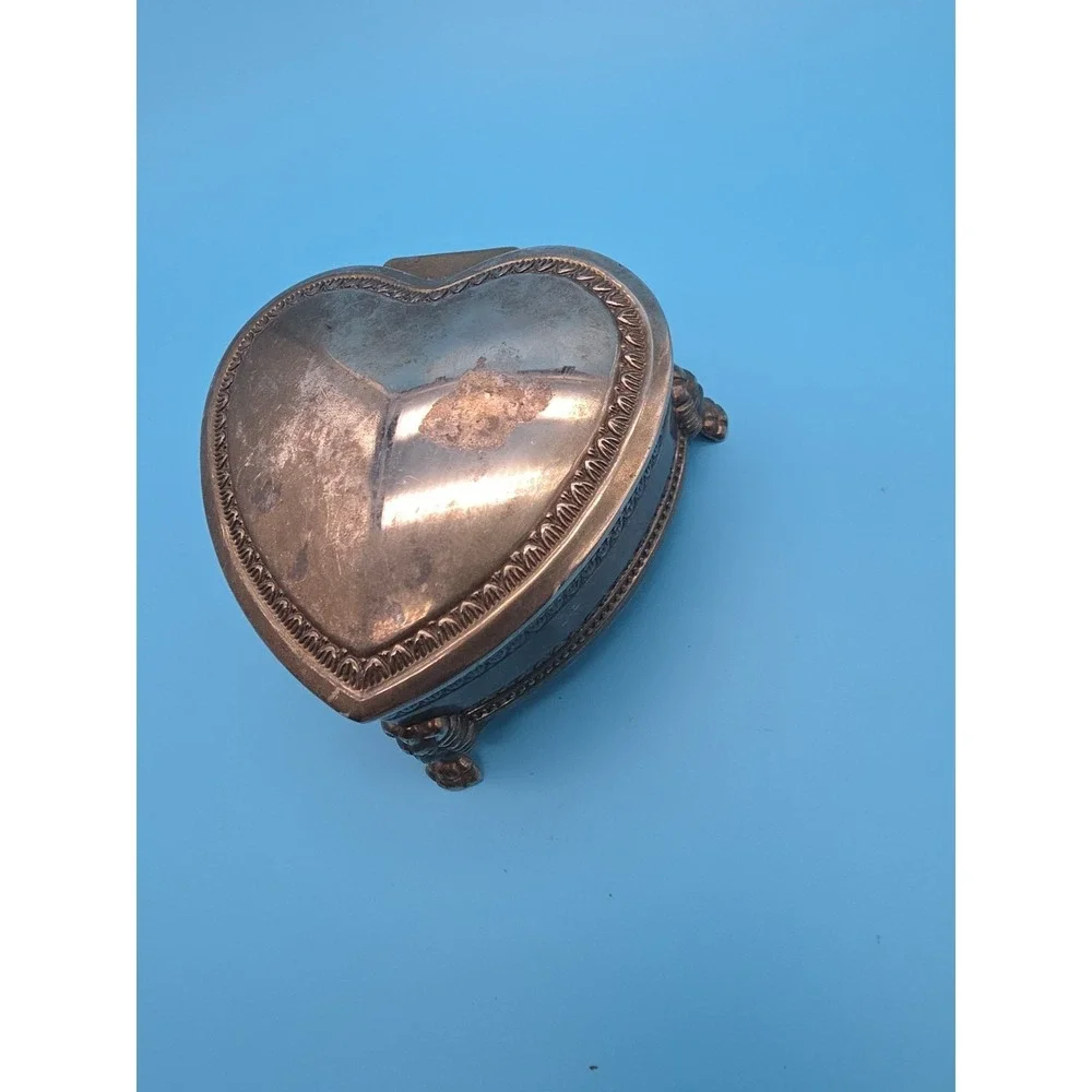 Vintage Silver Plate Jewelry Trinket Box Blue Velvet Lion Head 4